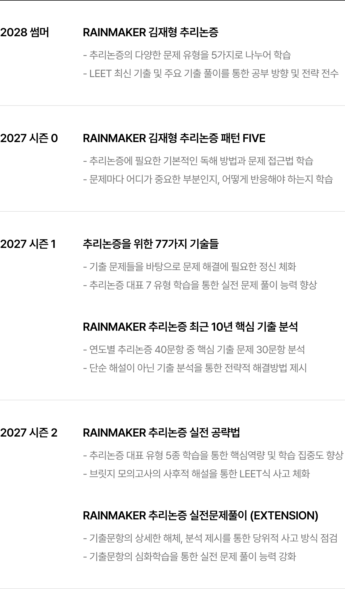 2028 썸머 RAINMAKER 김재형 추리논증, 2027 시즌 0 RAINMAKER 김재형 추리논증 패턴 FIVE, 2027 시즌 1 -추리논증을 위한 77가지 기술들 -RAINMAKER 추리논증 최근 10년 핵심 기출 분석, 2027 시즌 2 -RAINMAKER 추리논증 실전 공략법 -RAINMAKER 추리논증 실전문제풀이 (EXTENSION)