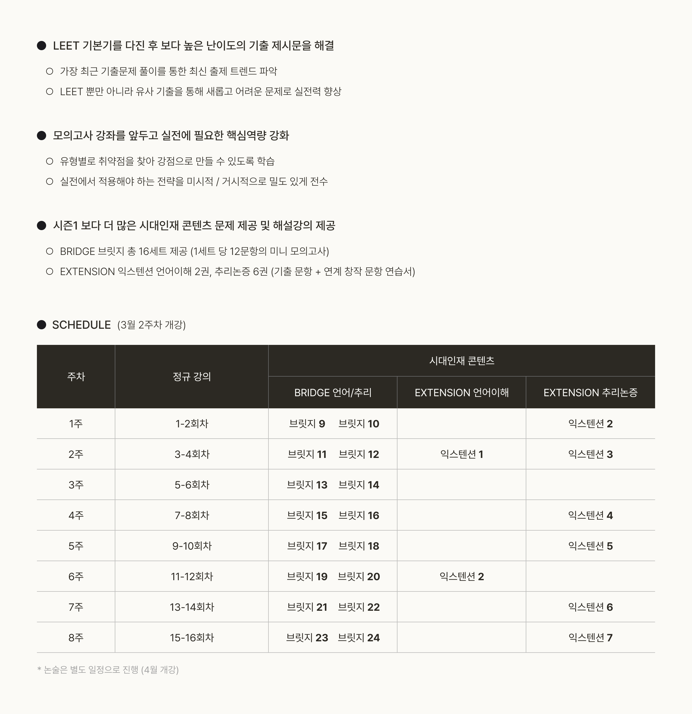 LEET 기본기를 다진 후 보다 높은 난이도의 기출 제시문을 해결, 모의고사 강좌를 앞두고 실전에 필요한 핵심역량 강화, 시즌1 보다 더 많은 시대인재 콘텐츠 문제 제공 및 해설강의 제공, SCHEDULE (3월 2주차 개강) 